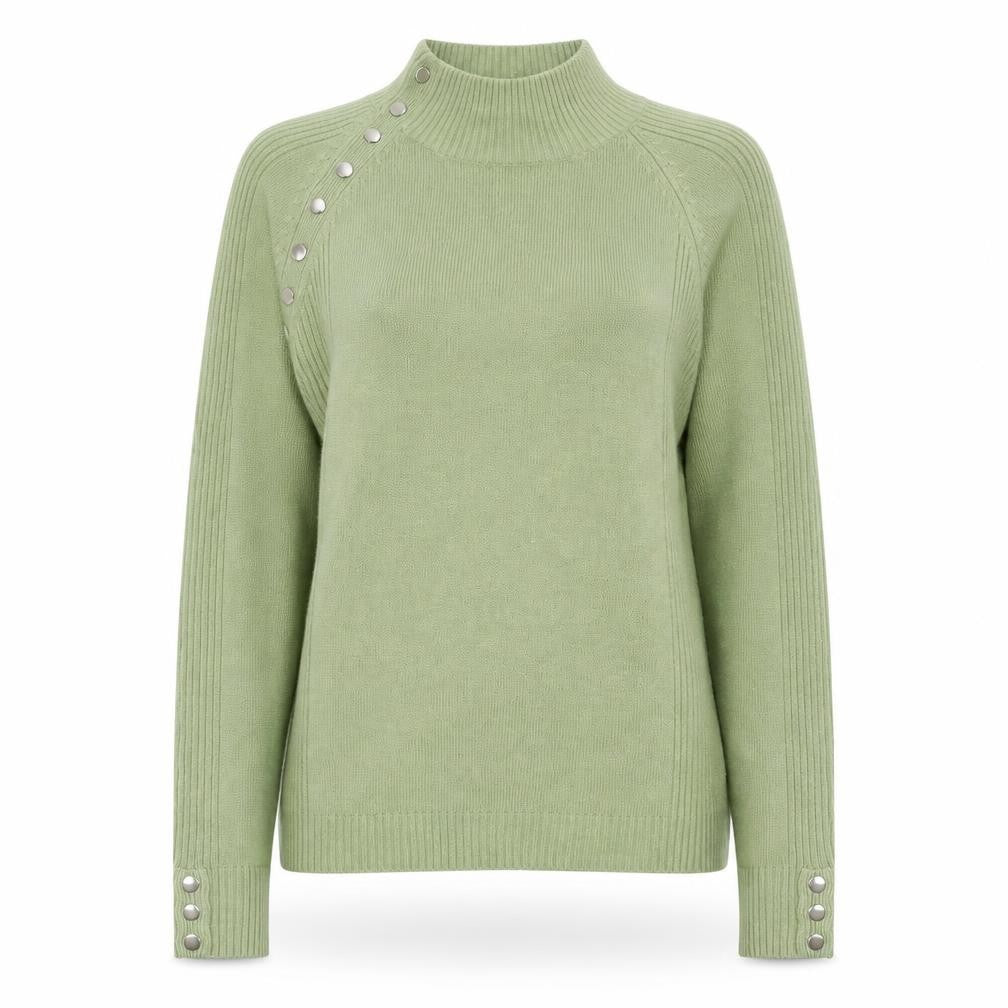 Front view of Chickadee Women’s Green Mock Neck Button Trim Knit Jumper, size S