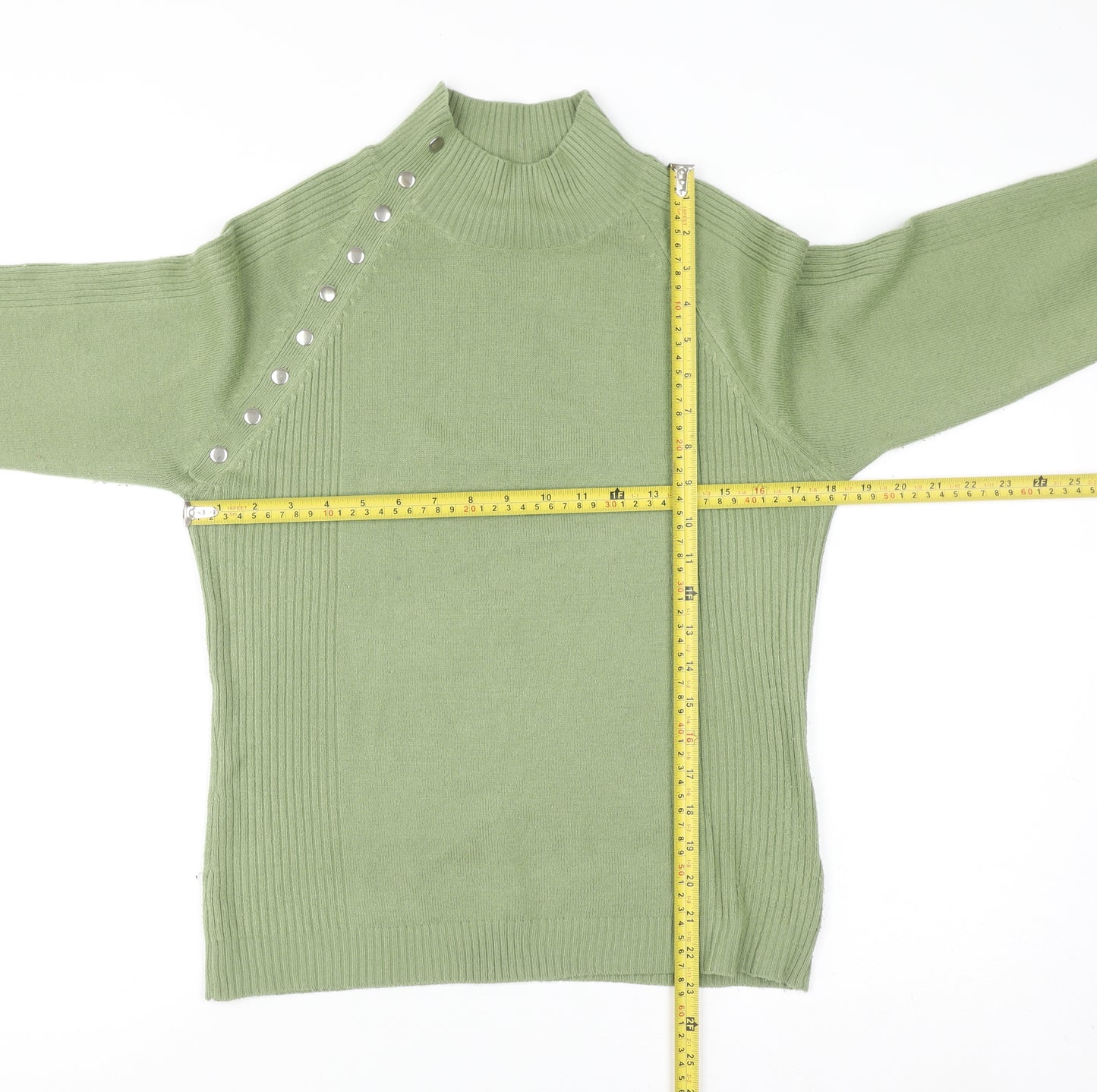 Chickadee Women’s Green Mock Neck Button Trim Knit Jumper Size S
