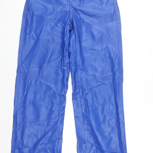 Bershka Women Blue Faux Leather Straight Leg Trousers XS