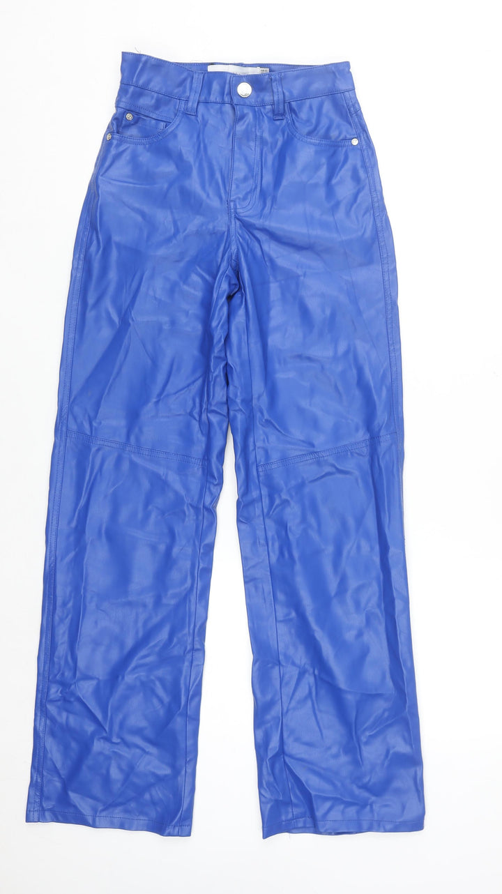Bershka Women Blue Faux Leather Straight Leg Trousers XS