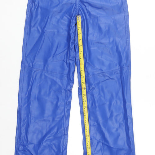 Bershka Women Blue Faux Leather Straight Leg Trousers XS