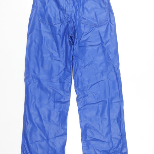 Bershka Women Blue Faux Leather Straight Leg Trousers XS