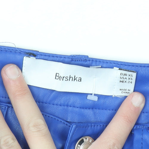 Bershka Women Blue Faux Leather Straight Leg Trousers XS
