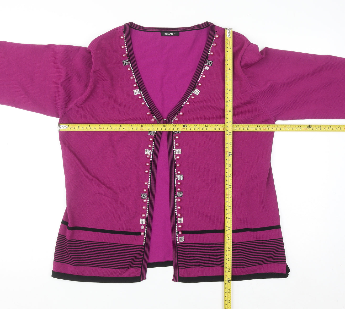 Roman Women's Purple Beaded 3/4 Sleeve V-Neck Cardigan Size 18