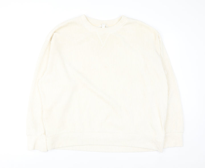 H&M Women Ivory Ribbed Pullover Sweatshirt Size L Cotton Blend