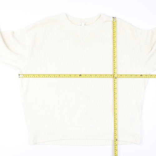 H&M Women Ivory Ribbed Pullover Sweatshirt Size L Cotton Blend