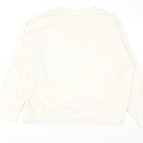 H&M Women Ivory Ribbed Pullover Sweatshirt Size L Cotton Blend