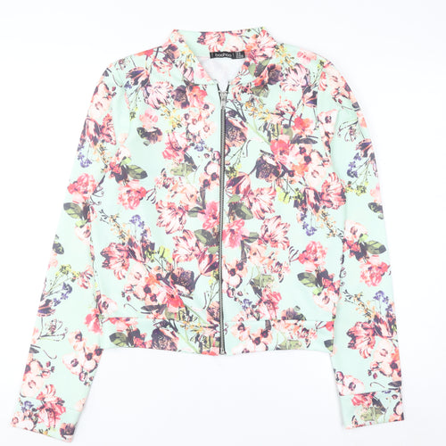 Boohoo Women’s Mint Floral Bomber Jacket UK 14 Zip Lightweight