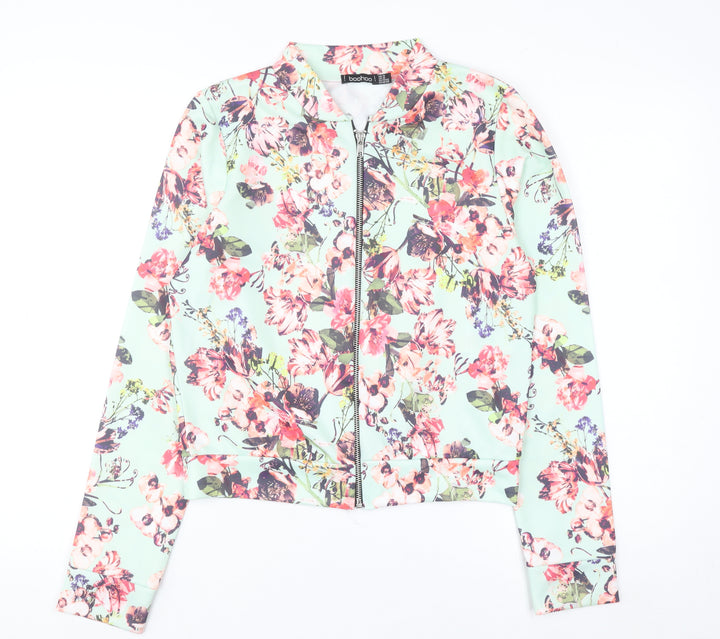 Boohoo Women’s Mint Floral Bomber Jacket UK 14 Zip Lightweight