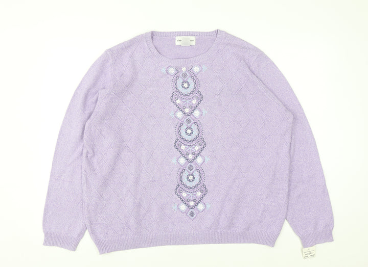 Alfred Dunner Womens Purple XL Crew Neck Embroidered Knit Jumper