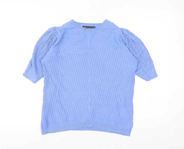 Marks and Spencer Women Blue Size 14 Puff Sleeve Knit Jumper