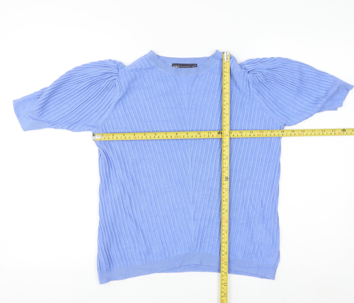 Marks and Spencer Women Blue Size 14 Puff Sleeve Knit Jumper