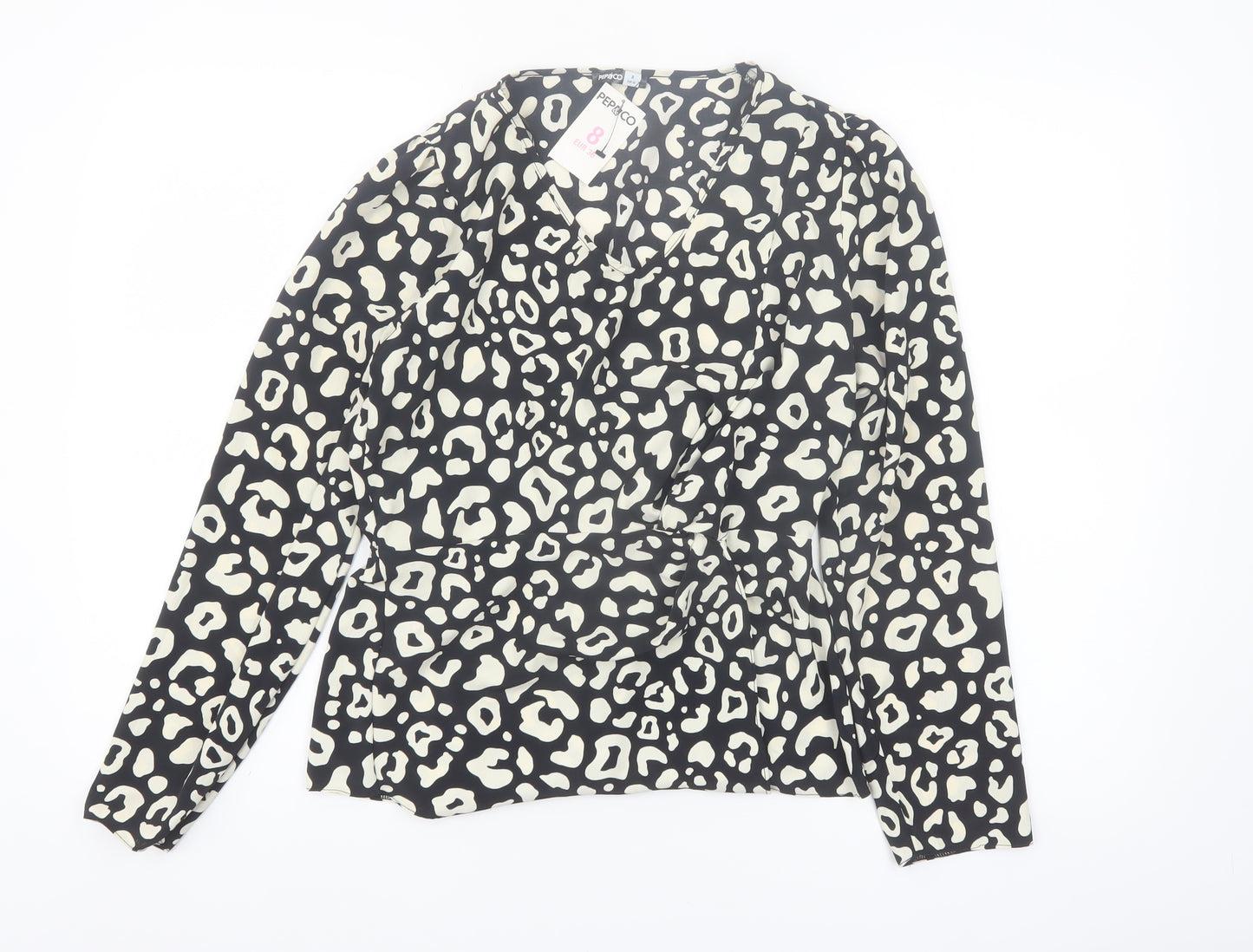 PEP&CO Women's Black Animal Print Wrap Blouse Size 8