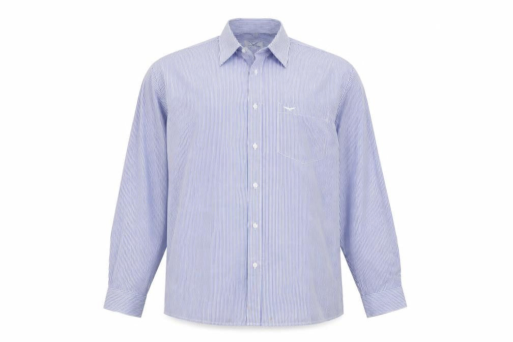 Front view of Hunter Men's Blue Striped Cotton Long Sleeve Button-Up Shirt, size 16.5 Regular