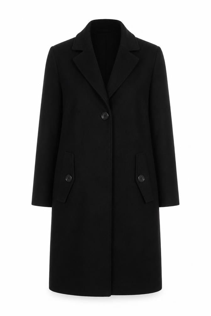 Front view of H&M Women's Black Long Overcoat, size 6, Classic Lined Workwear