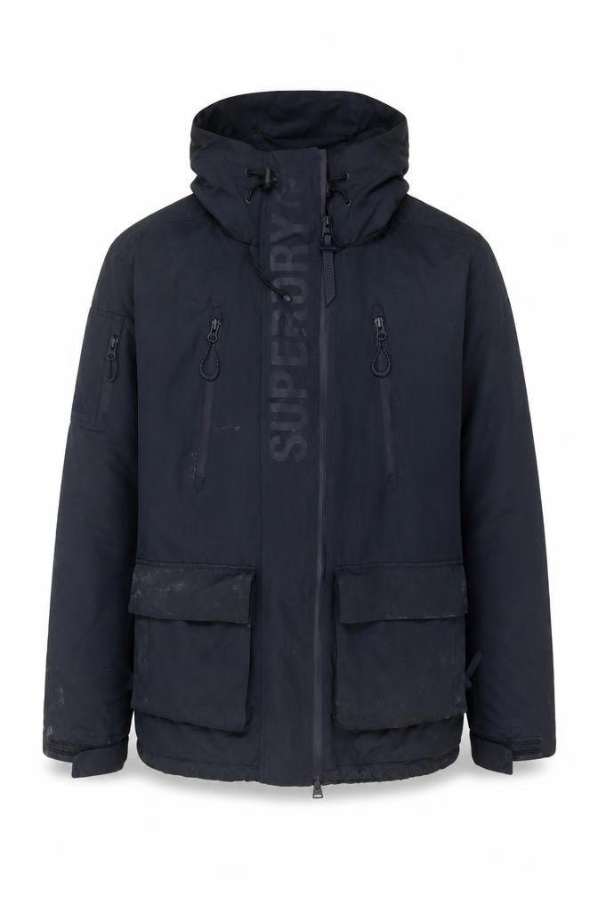 Front view of Superdry Men's Blue 2XL Hooded Lined Parka Jacket