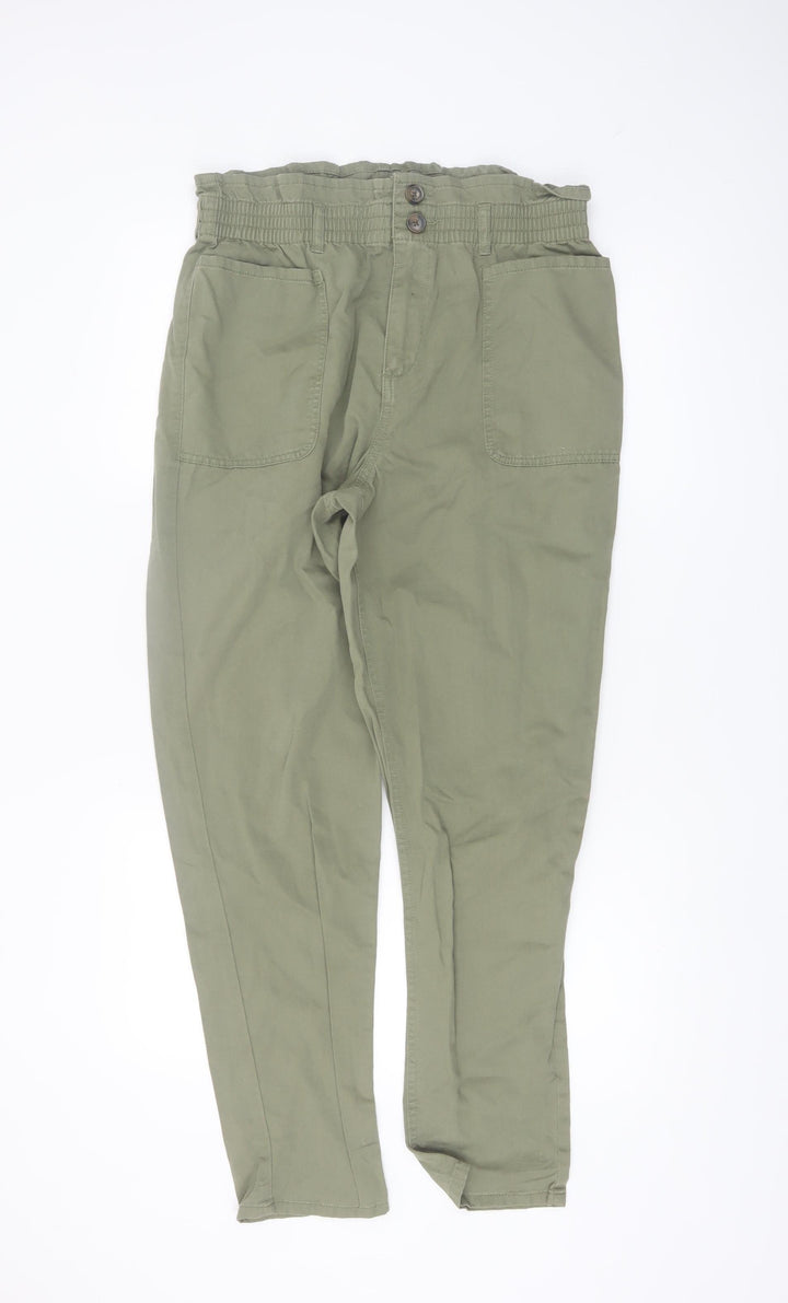 F&F Women’s Green Cotton Paperbag Trousers UK 14 High Rise