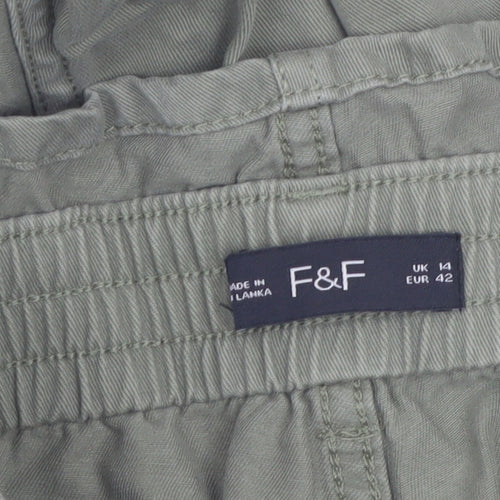 F&F Women’s Green Cotton Paperbag Trousers UK 14 High Rise