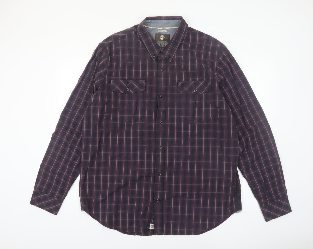 Timberland Mens Purple Check Button-Up Long Sleeve 2XL Regular Fit Shirt