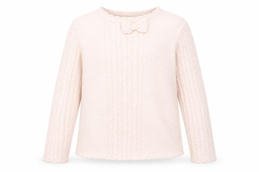 Front view of Laru girls’ pink acrylic bow jumper 8 years long sleeve knitwear