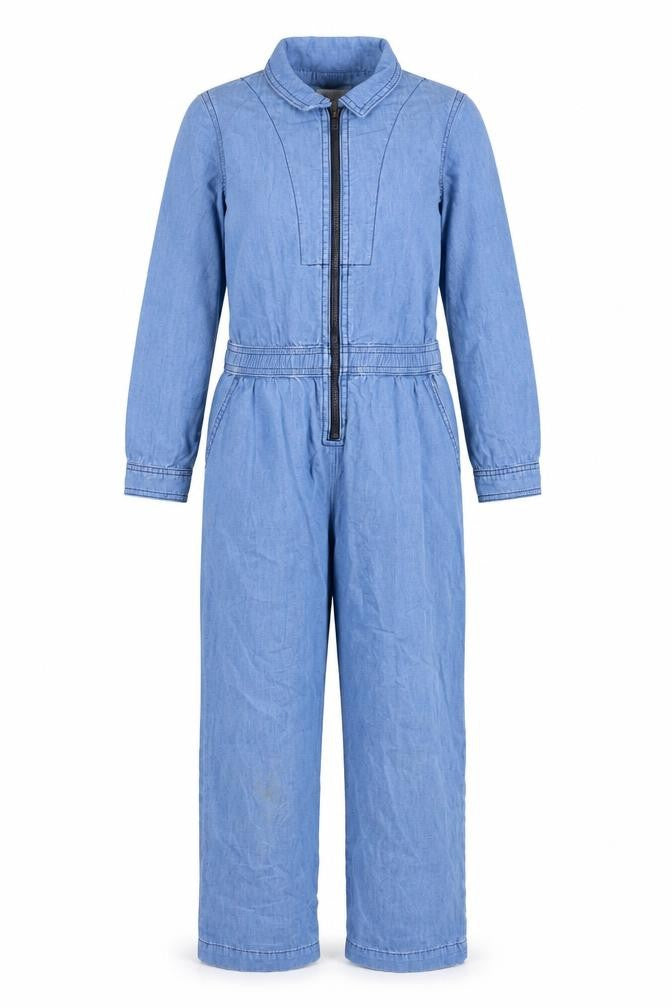 Front view of Reiss girls’ blue denim long sleeve zip-up jumpsuit 7-8 years