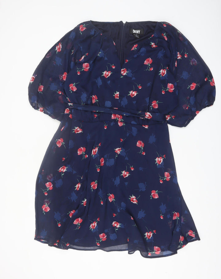 DKNY Women's Blue Floral Fit & Flare Knee Length Dress Size 22