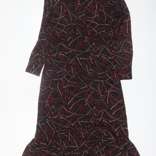 Whistles Women Black Red Geometric Midi Fit & Flare Long Sleeve Dress Size 10