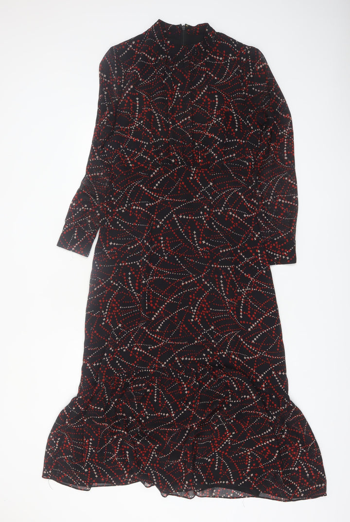 Whistles Women Black Red Geometric Midi Fit & Flare Long Sleeve Dress Size 10