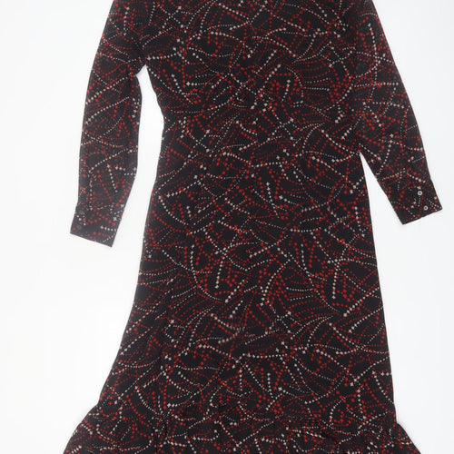 Whistles Women Black Red Geometric Midi Fit & Flare Long Sleeve Dress Size 10