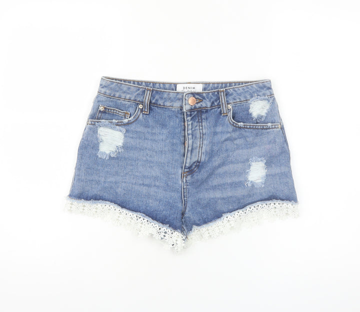 Miss Selfridge Women’s Blue Denim Lace Trim High Waist Shorts Size 10