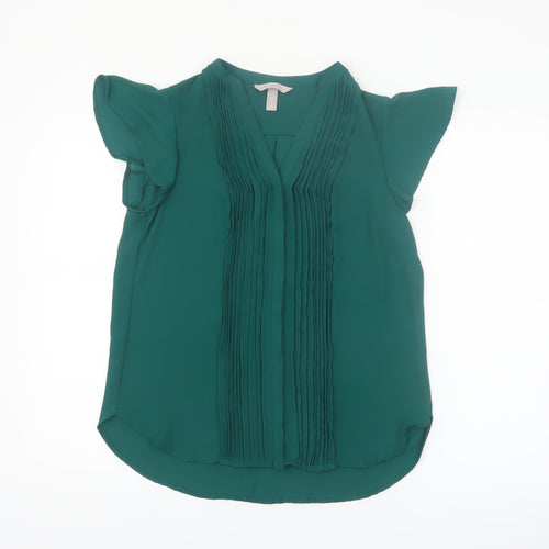 H&M Women's Green Pleated V-Neck Chiffon Tunic Blouse Size 8