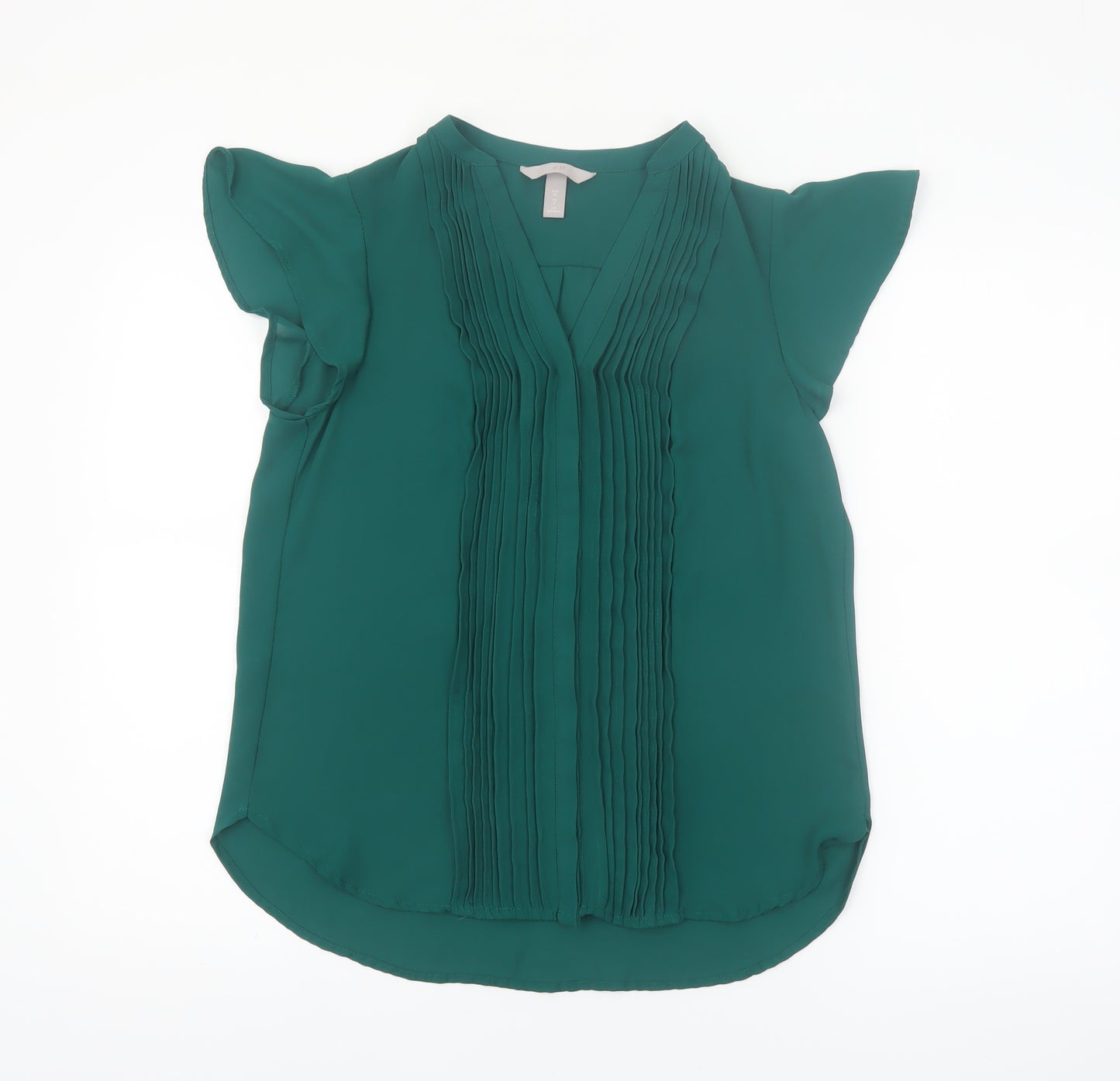 H&M Women's Green Pleated V-Neck Chiffon Tunic Blouse Size 8