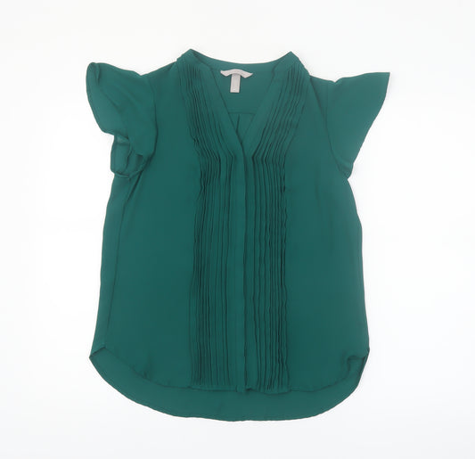 H&M Women's Green Pleated V-Neck Chiffon Tunic Blouse Size 8
