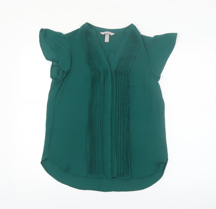 H&M Women's Green Pleated V-Neck Chiffon Tunic Blouse Size 8