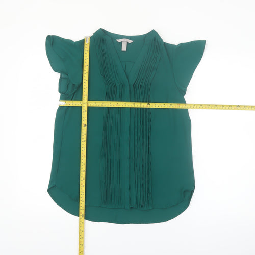 H&M Women's Green Pleated V-Neck Chiffon Tunic Blouse Size 8