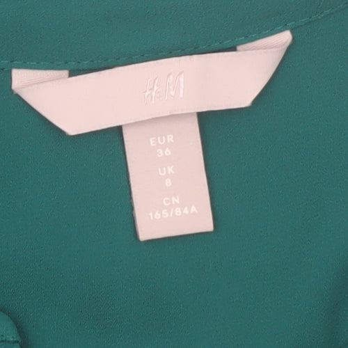 H&M Women's Green Pleated V-Neck Chiffon Tunic Blouse Size 8