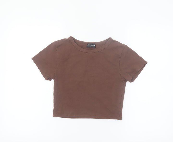 White Fox Womens Brown Cropped Slim Fit Crew Neck T-Shirt S