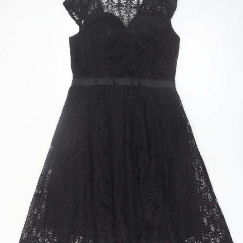 Lucy Wang Womens Black Lace Fit & Flare Knee Length Dress L