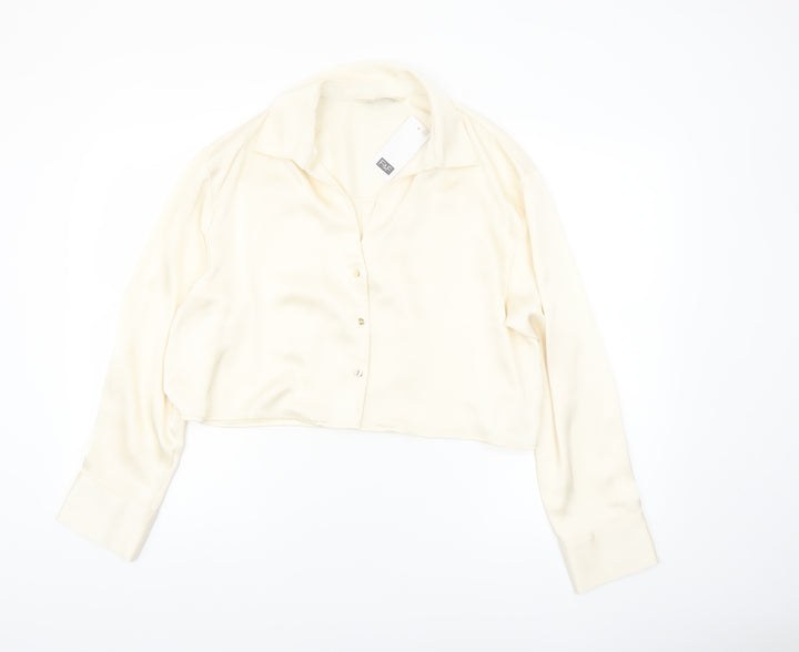 F&F Women’s Ivory Cropped Satin Blouse UK 14 Long Sleeve