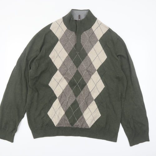 Tasso Elba Men's Green Argyle 1/2 Zip Cotton Jumper XL