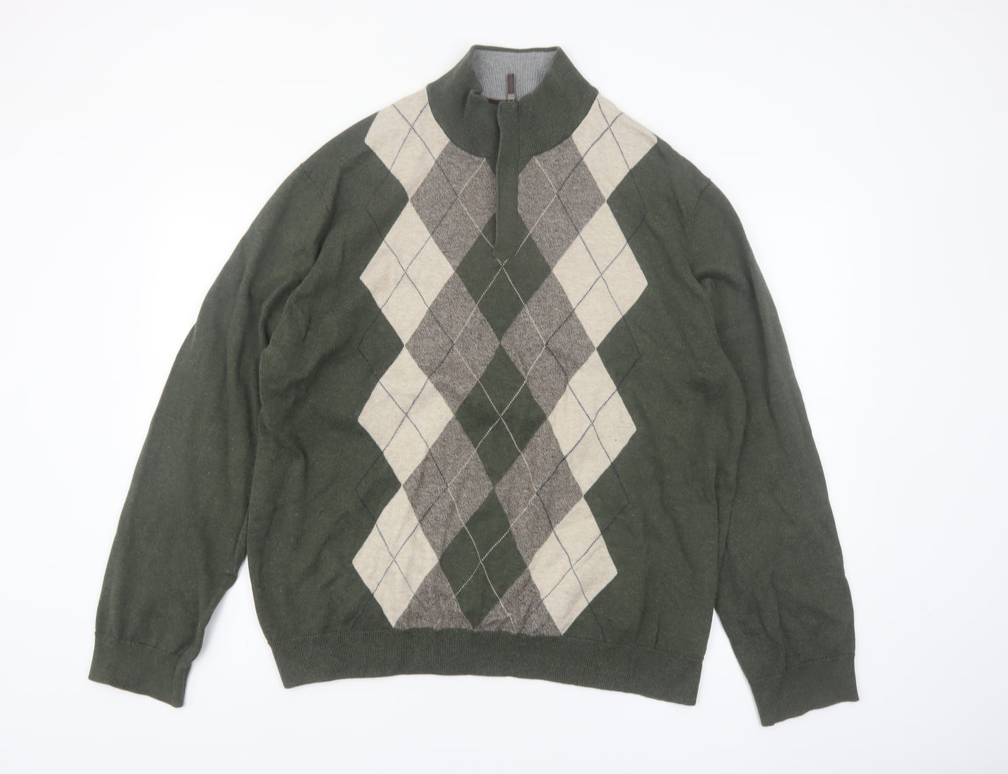 Tasso Elba Men's Green Argyle 1/2 Zip Cotton Jumper XL