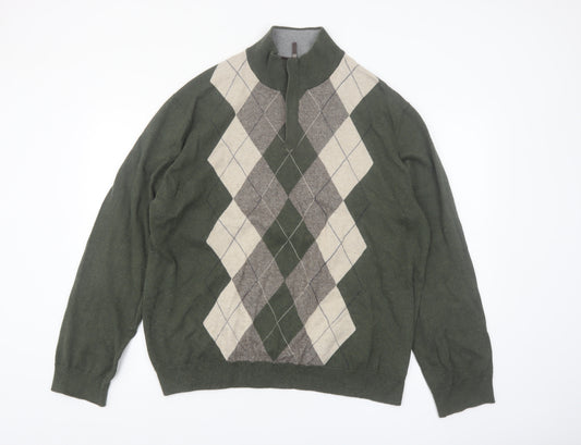 Tasso Elba Men's Green Argyle 1/2 Zip Cotton Jumper XL