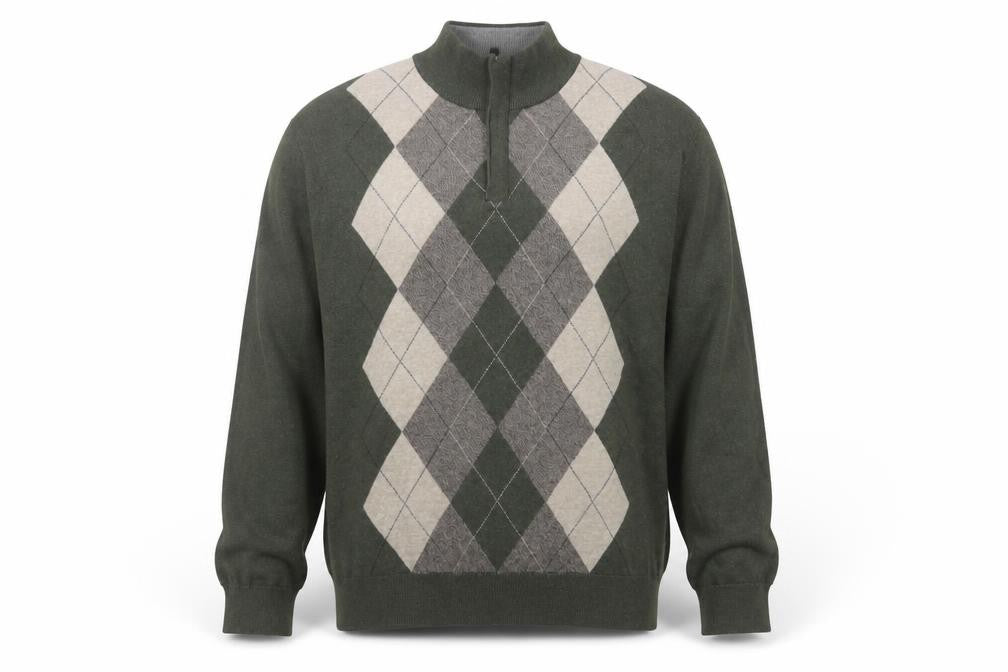 Tasso Elba Men's Green Argyle 1/2 Zip Cotton Jumper XL