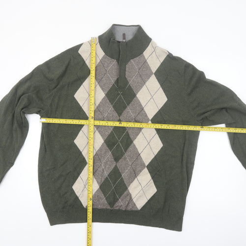 Tasso Elba Men's Green Argyle 1/2 Zip Cotton Jumper XL
