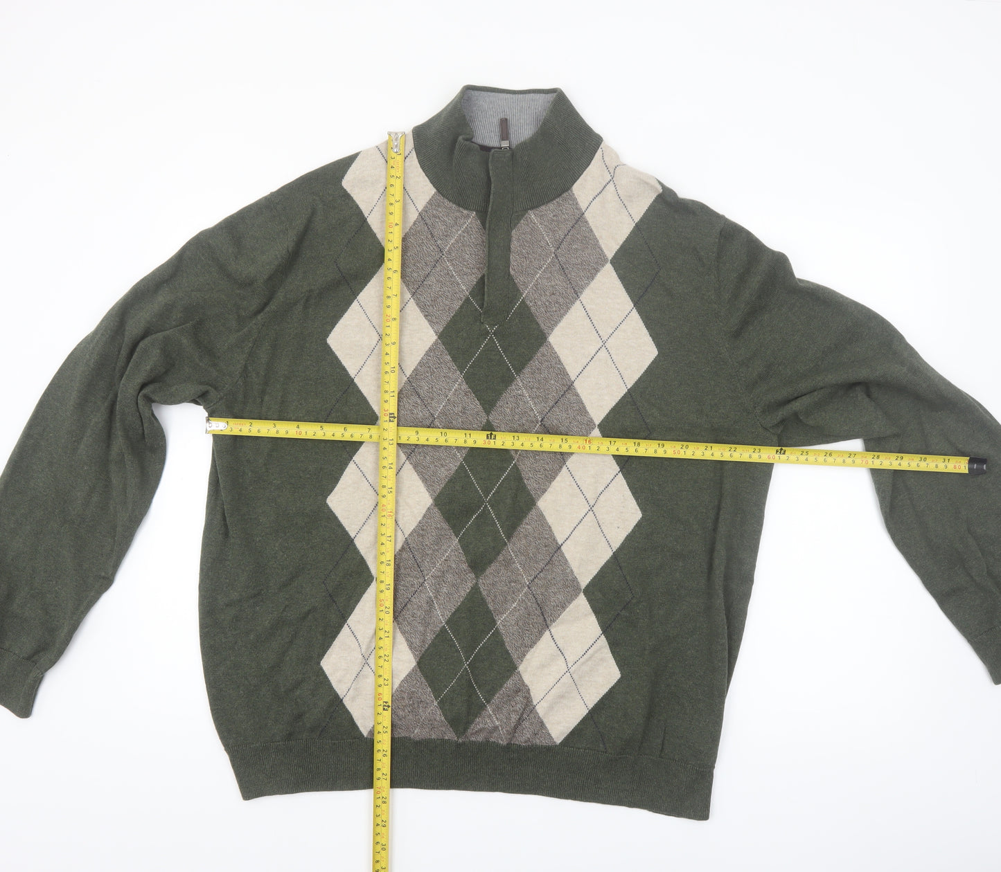 Tasso Elba Men's Green Argyle 1/2 Zip Cotton Jumper XL