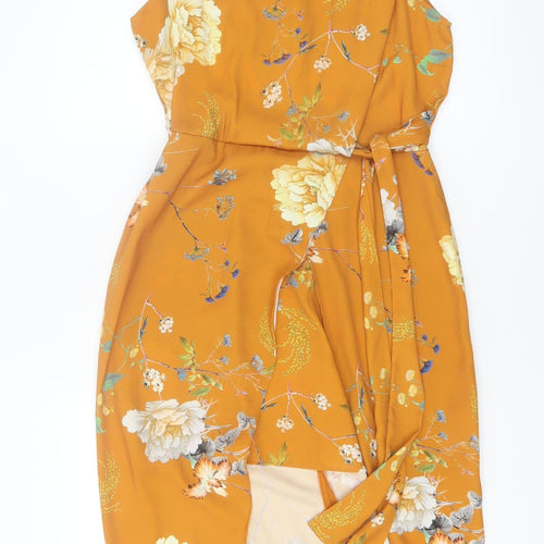 River Island Women's Yellow Floral High Neck Wrap Dress Size 10