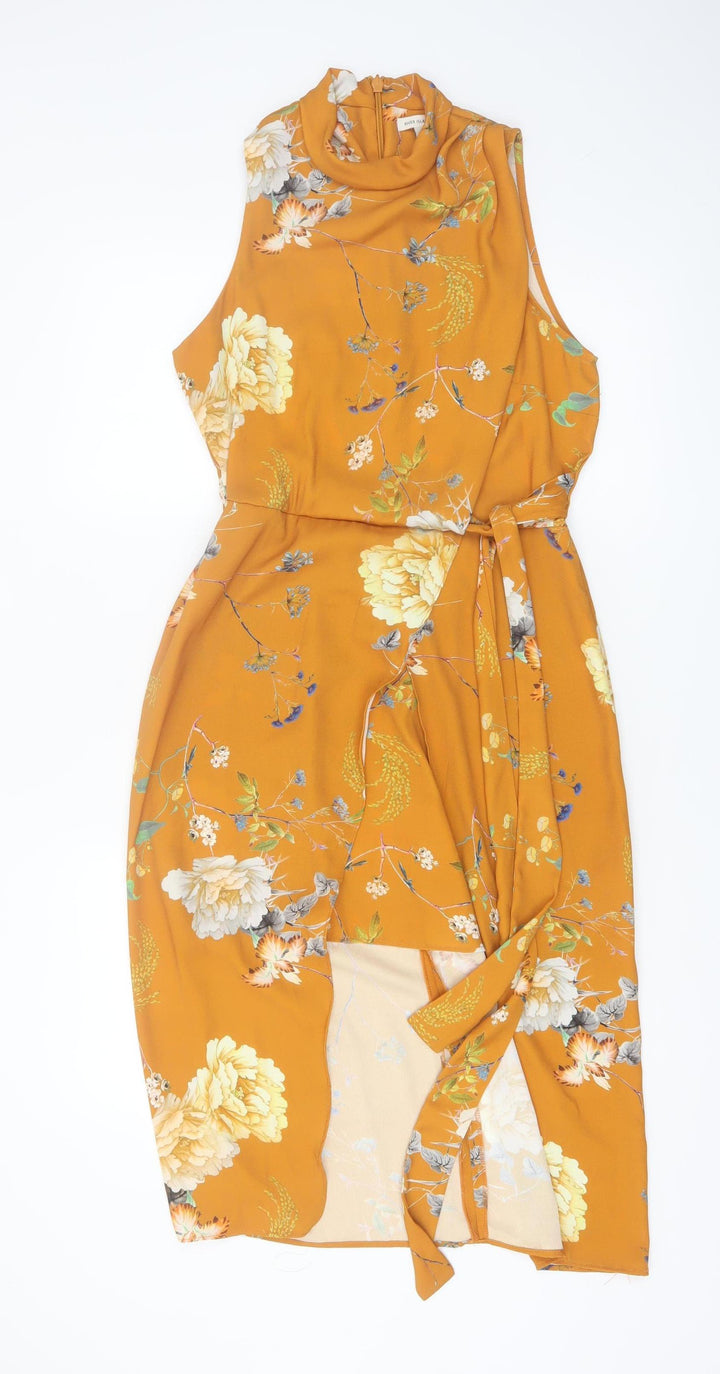 River Island Women's Yellow Floral High Neck Wrap Dress Size 10