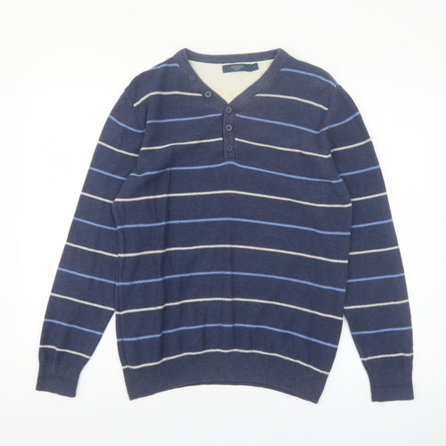 Atlantic Bay Men's Blue Striped Henley Jumper Size S Cotton Knit