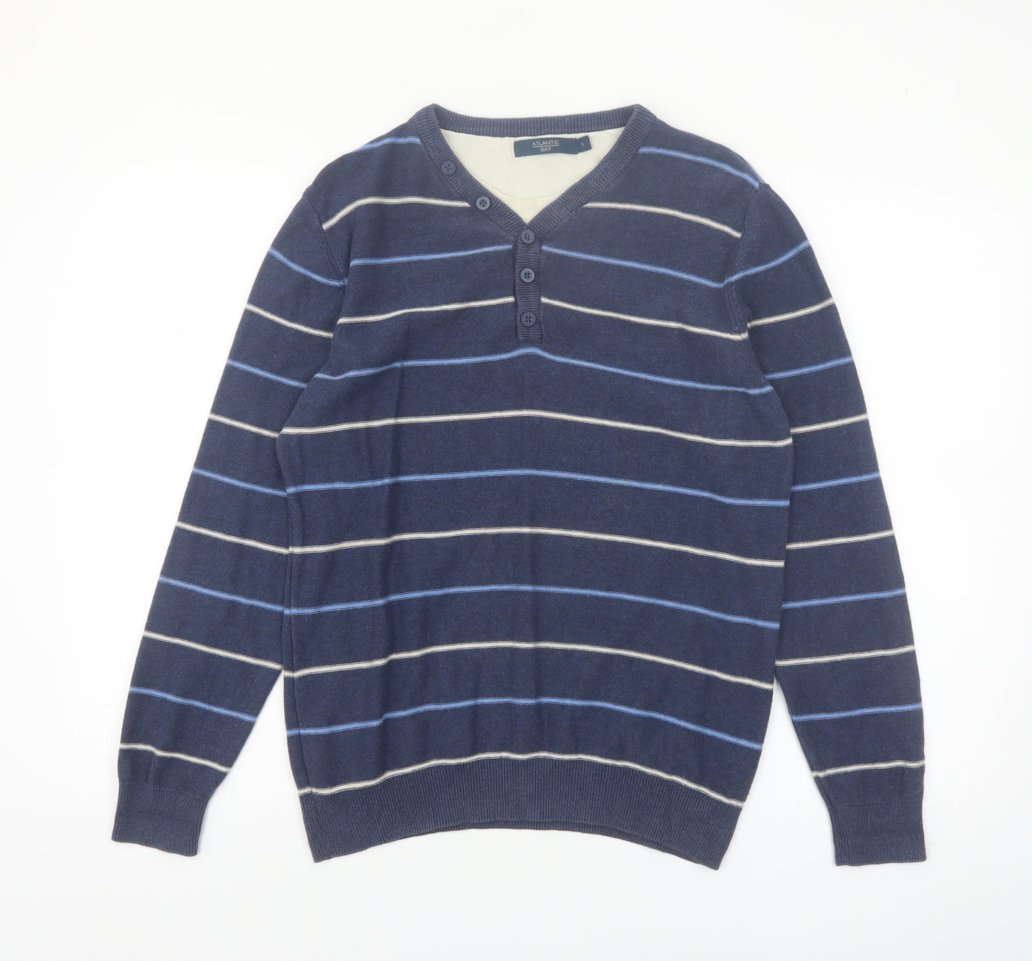 Atlantic Bay Men's Blue Striped Henley Jumper Size S Cotton Knit