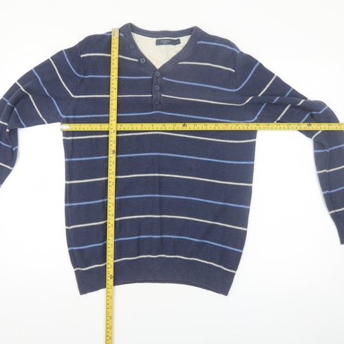 Atlantic Bay Men's Blue Striped Henley Jumper Size S Cotton Knit